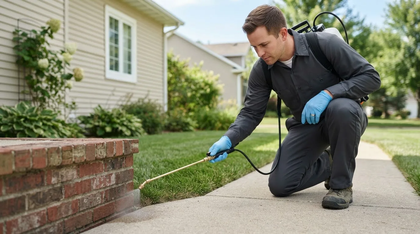 Pest control technician treating a home near Naubinway, MI