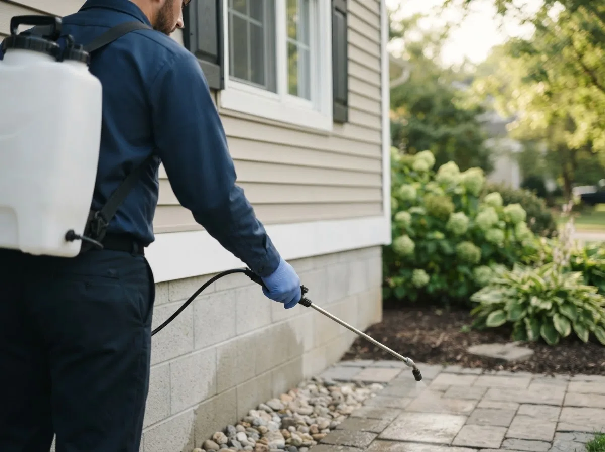 Pest control technician inspecting a home in Naubinway, MI